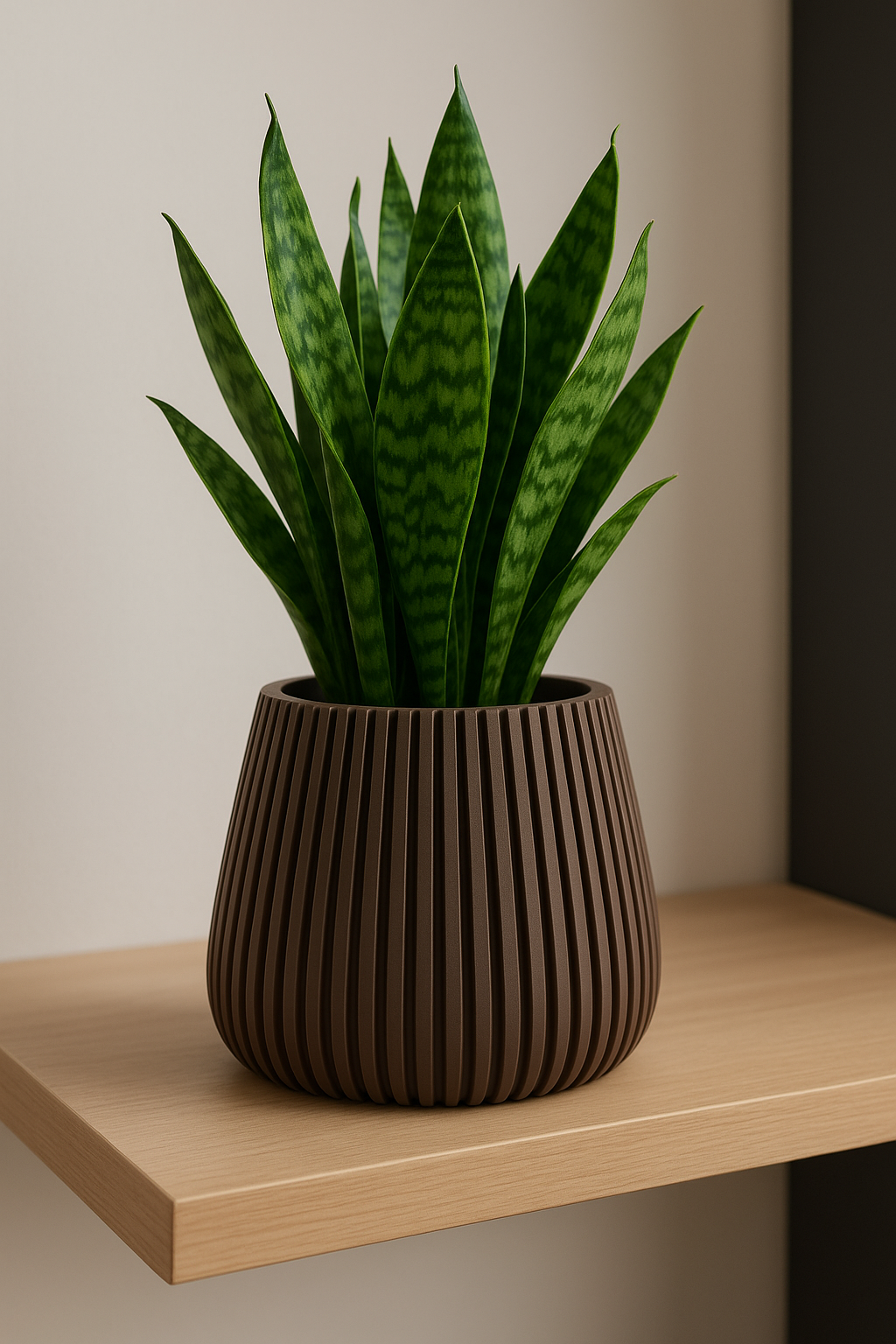 Detail kvetináča Planté v hnedom odtieni s jarnými sušenými kvetmi v modernom interiéri.